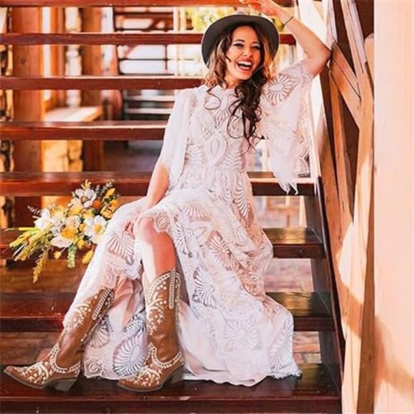 Western Cowboy Boots Cowgirl Chunky Heel Mid Calf Boot Snip Toe Embroide… - Picture 2 of 7